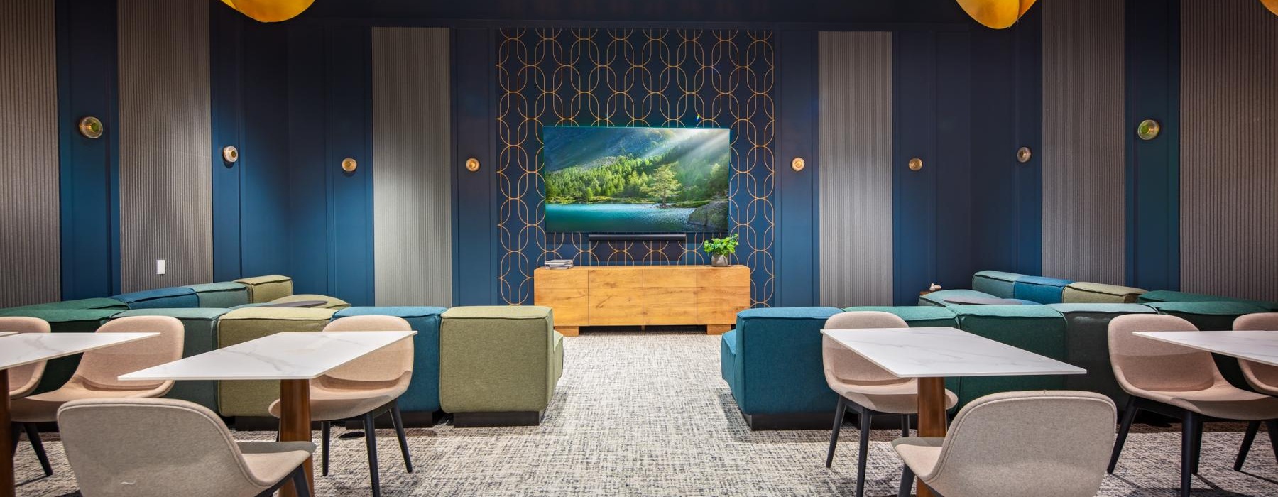 a room with tables and chairs