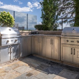 Grilling station and lush landscaping